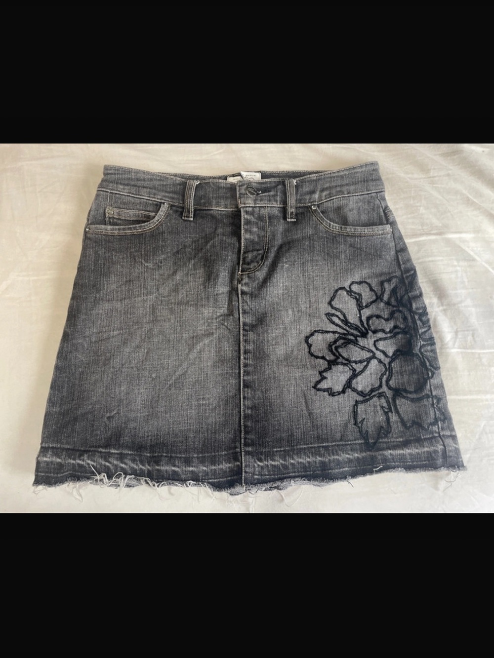 Gray Denim Mini Skirt with Floral Embroidery